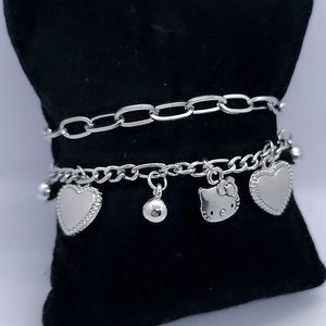 NEW Hello Kitty Silver Stacked Link Dangle Charm Bracelet Sanrio Heart Cat Head